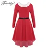 Women Christmas White Faux Fur Trimmings Long Sleeves High-low Hem Red Midi Dress with Belt Mrs Santa Claus Xmas Party Costume265e