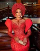 Abiti da festa nigeriano africano Aso Ebi sera sirena rossa perline abito da ballo in pizzo maniche lunghe abiti formali da donna neri di lusso