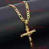 Verklig 24k gul solid fin Big Pendant 18ct Thai Baht G F Gold Jesus Cross Crucifix Charm 55 35mm Figaro Chain Necklace271b