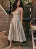 Podstawowe sukienki swobodne Mingmingxi Summer Elegancka midi A-line sukienka Śliczna V-de-dół Spagehetti Pasek na ramię wakacyjny sukienka na przyjęcie zwykłe Kobiety Newcomer 2023 J240130