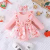 Rompers 0-18M Christmas Baby Girl Romper Dress Born Infant Ribbed Ruffle Long Sleeve Bow Jumpsuit Red Print Xmas Costumes Outfit