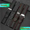 Watch Bands Orange White Red Line Stitching Carbon Fiber Mens Black Genuine Leather Watchband For Any Brand Strap 20mm 21mm 22mm 23mm