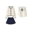 Spring Teenage Girls Pleated Skirt 3pcs Set Baby Girls Cardigan Sweater Shirt Skirt Set Girls JK Style Suit Baby Scool Clothes 240131