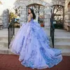 Ljusblå prinsessor boll klänning quinceanera klänningar glänsande paljett spetsar appliuques sexiga av axel prom pageant klänningar formella plus size girls sweet 16 klänning cl3272