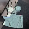 Kadın Mayo Katı Bandeau Düşük Bel Bikini Set Kapak Mayo için Mayo Kalp Yukarı Kalp Üç Parçası Mayo 2023 Plaj Mayoları J240131