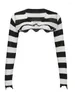 Women's T Shirts Weekeep Black Striped Print Cropped Knitted Smock Top Vintage Long Sleeve Fashion Super Short Sweater Cardigan Casual Women