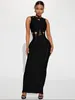 Abiti casual Hugcitar O Collo Senza maniche Solid Cut-Out Sexy Aderente Slim Maxi Dress 2024 Donne di estate Elegante Streetwear Party Outfit