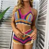 Women's Swimwear Crochet Bikini Set Multicolor Knitted Rainbow Stripe Shoulder Top+Bottom Bikini Beach Suit Swimwear Womens Swimwear J240131