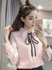 Kvinnor Bluses Women Spring Autumn Style Vintage Shirts Lady Casual Long Sleeve Turn-Down Collar Pink White Blusa Topps DF3089