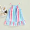 Vestidos infantis para meninas, vestido infantil de verão sem mangas com listras verticais e bainha com babados, alça espaguete casual 6 meses a 4 anos