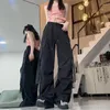 女性用パンツボトムスカキドローストリングスウェットパンツカジュアルハイウエストストレートモッピングファッションソリッドバギーブラックワイドレッグズボン