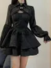Casual Dresses 2024 Summer Black Gothic Lolita Short Party Suits Women Long Sleeve Coat Pure Color Mini Dress Fashion High Waist Outfits