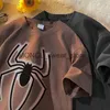 Camiseta feminina High Street Big Black Spider Impressão Sólida Camisetas Cinza Escuro Algodão Mens Oversized Tops Verão Manga Curta Camiseta Gráfica CasualH24131