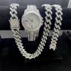 Chains 3PCS Men's Iced Out Chain Necklace Bracelet Watch Men Hip Hop 15MM Studded Large Heavy Gold Cuban Link Jewelry Set Wom291h