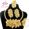 YM Gold Color Jewelry Set For Women Dubai African Wedding Bridal Necklace Copper Earrings Adjustable Ring Ethiopia Flower Bangle 240118