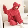 Women's Sleepwear Pajamas Set Coral Velvet Padded Thickened Cute Cartoon Hooded Zip Leisure Can Be Worn Outside The Home Clothing