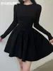 Casual Dresses IAMSURE Basic Solid Slim A-Line Dress Autumn Winter O-Neck Long Sleeve Pleated Mini For Women 2024 Lady Underwear