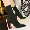 Boots Black Women Boots 9cm Square Heels Socks Boots Women Big Size 43 Stretch Fabric Elastic Pointed Toe Shoes Ankle Boot Woman