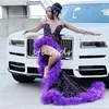 Luxury Purple Paljett Prom Dress for Black Girls Sexig High Slitt Ruffles Sparkly Mermaid aftonklänningar 2024 Formell födelsedagsklänning Gorgeous Vestios de Gala Robe Soiree