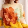 Kvinnors tröjor Candy Yellow Vintage Sticked Women Top Autumn och Witnter Elegant Advanced Loose 3D Flower Pullovers kläder