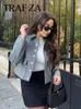 TRAFZA printemps femmes élégant gris recadrée manteau métal bouton revers veste manteaux avec poches femmes Streetwear mode Chic hauts 240127