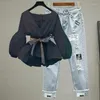 Женские брюки из двух предметов, простой стиль, джинсовые комплекты с бантом из полиэстера и узлом, шифоновая рубашка с тонкими полосатыми рукавами, джинсы, костюм из двух предметов
