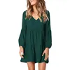 Casual Dresses Women's Fashion V-ringning Lös ruffle veckad sväng fast färg chiffong vestidos de fiesta elegantes para mujer