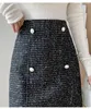 Jupes Jupe en tweed pailletée avec bouton de perle fente latérale taille haute laine épaisse métallique midi pour les femmes tenue de carrière élégante