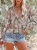 Blouses Femmes Blouse en mousseline de soie florale Tops pour femmes 2024 Automne Mode Col en V Manches longues Lâche Élégant Bureau Chemise Oversize Casual