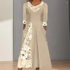 Casual Dresses Women Printed Dress Elegant Floral Print V-Neck Midi med veckad A-Line Hem Button Decor för kvinnors höstens garderob