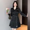 Women Dresses Designer Dress Fashion Black Lace Up Shirt Dresses Summer Waist Slim Lapel Long-sleeved A-line Dress