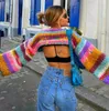 Colorful Stripe Knit Crop Sweater Women Autumn Casual O-Neck Long Lantern Sleeve Pullover Female Loose Crochet Streetwear 240131