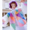 Vintage Contrast Stripe Cropped Cardigan Lantern Sleeve Loose Rainbow Knitted Tops Coat Women Fashion Sweater Street Wear 240131