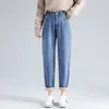 Jeans pour femmes 2024 hiver polaire sarouel épaissir chaud baggy rue hip hop femme taille haute cheville longueur pantalon bleu clair