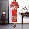 ملابس عرقية حريرية سليم Qipao فستان الأزهار الصينية الأزهار طوق Cheongsam 3/4 الأكمام أزرار عقدة تقسيم الجانب العالي