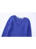 Kobiety swetry Yenkye Fall Women Blue Lace Patchwork Knit Sweater Vintage V Neck Długie rękawie żeńskie pullover eleganckie topy