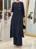 Ethnische Kleidung Frauen Eid Muslim Sets Musulman Ensemble Zwei Stücke Dubai Gürtel Blusen Breite Bein Hosen Lose Beiläufige Arabische Ramadan Solide kaftan