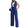 Calças femininas de duas peças moda mulheres vintage sem mangas colete feminino casual chique tops bolso baggy calças pescoço colete botão-up largo