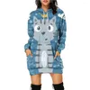 Casual Dresses Sweatshirt för kvinnors 3D -konstkattmönster Lång ärm Pullover Fashion Medium Längd Hoodie Winters Female Hooded Dress