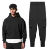 LL Mens Yoga Hooded + Sweatpant الزي الرياضي من قطعتين مجموعة ألوان صلبة سروال رياضي مع جيوب خارج الملابس 320