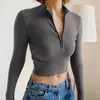 solid color casual T-shirt women long sleeves turtleneck crop tops sexy simple style party club 2024 spring summer new