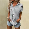 Camicette da donna Camicia a maniche corte con stampa a farfalla da donna Top con bottoni bavero Camicie da donna casual eleganti Blusas di alta qualità per le vacanze