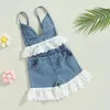 Conjuntos de roupas 1-5years crianças bebê meninas verão roupa rendas retalhos sem costas denim camisola e infantil elástico casual shorts conjunto