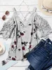 Women's T Shirts Women Summer V Neck Cold Shoulder Tops Cut Out Floral Print Short Sleeve Lace Splicing Blouses 2024 Casual Loose