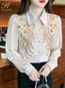Kvinnors blusar H Han Queen Autumn Chiffon Blue Women Embroidery Sequins Beading Shirts Office Work Long Sleeve Vintage Loose Tops