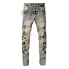 Men's Jeans Designer Clothing Amires Denim Pants Amies Street Camouflage Bone with Leather Knife Cut Holes Washed Into Old Me0GZY