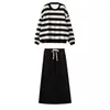 Women's Hoodies Striped Sweatshirt And Skirt For Autumn Winter Korean Fashion Tops Streetwear Clothing 2 Piece Sets Outfits 2024