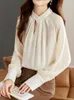 Damesblouses QOERLIN Koreaanse elegante chiffon / satijnen tops Blouse Dames Lente Herfst Lange mouwen Losse casual opstaande kraag Zwarte shirts