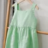Girls Cotton And Linen Sleeveless Suspender Dress With Adjustable Shoulder Straps Summer Casual Pocket Kids Dresses TZ77 240130