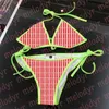 Moda conjunto de biquíni cor contraste roupa de banho para mulher carta impressão natação biquinis beach wear rendas até sutiã maiô